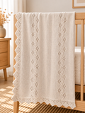Lace Stripe Crochet Edge Knit Baby Blanket | Oatmeal