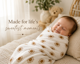 Newborn baby swaddled in a white blanket with brown sun patterns, smiling and lying on a beige surface.