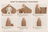 Step-by-step guide on how to swaddle a baby with images and text.