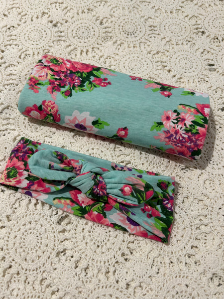 Swaddle Wrap Jersey Knit + Headband with Knot - Mint