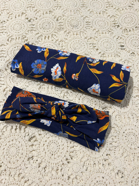 Swaddle Wrap Jersey Knit + Headband with Knot - Navy