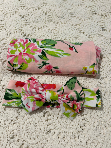 Swaddle Wrap Jersey Knit + Headband with Bow - Pink