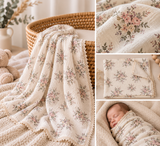 A collage showing a soft cream muslin blanket with a delicate pink, green, and gray floral print. The main panel shows the blanket draped over a woven bassinet, with two smaller panels on the right showing close-ups of the floral pattern and the blanket folded, while a sleeping newborn baby is swaddled in the blanket in the bottom-right panel.