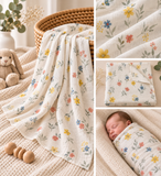 A collage showing a soft muslin blanket with a small floral print in yellow, blue, pink, and green. The blanket is draped over a woven basket, styled on a textured cream blanket with a plush bunny toy, and shown wrapped around a sleeping newborn baby.